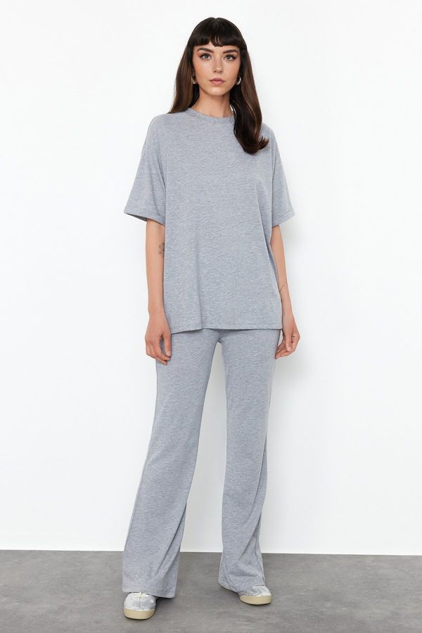 Trendyol Trendyol Gray 100% Cotton Oversize Pattern Spanish Leg Knitted Bottom-Top Set