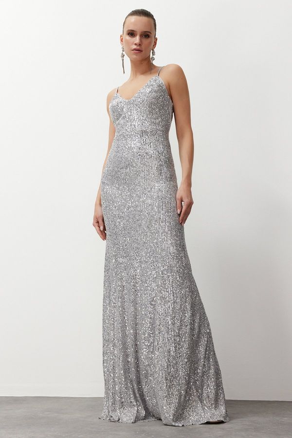 Trendyol Trendyol Gray A-Cut Sequined Long Evening Dress