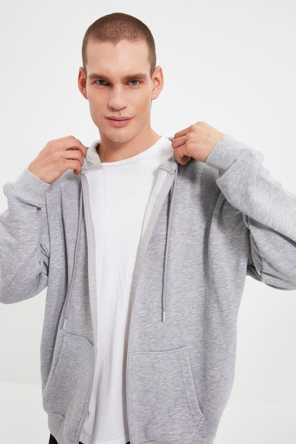 Trendyol Trendyol Gray Basic Oversize/Wide-Fit Zippered Hooded Thick Sweatshirt- Cardigan