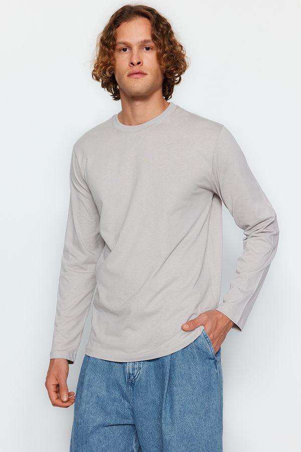 Trendyol Trendyol Gray Basic Regular/Real Fit Crew Neck Long Sleeve 100% Cotton T-Shirt