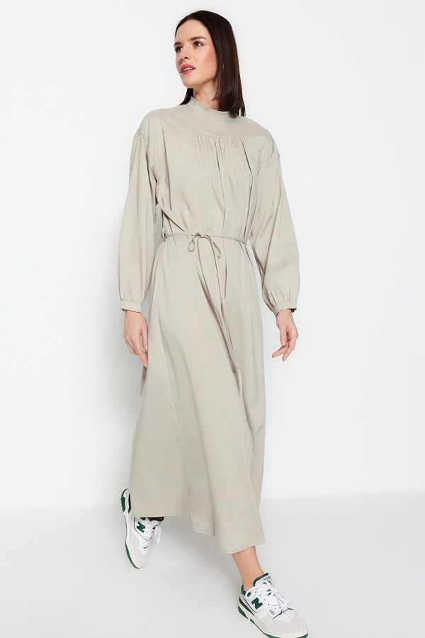 Trendyol Trendyol Gray Belted Shirring Detail Wide Fit Woven Dress