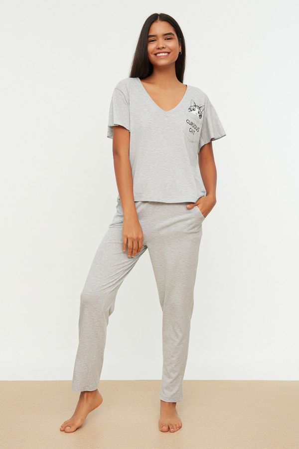 Trendyol Trendyol Gray Cotton Cat Printed Sleeve Flounce Detail T-shirt-Pants Knitted Pajamas Set