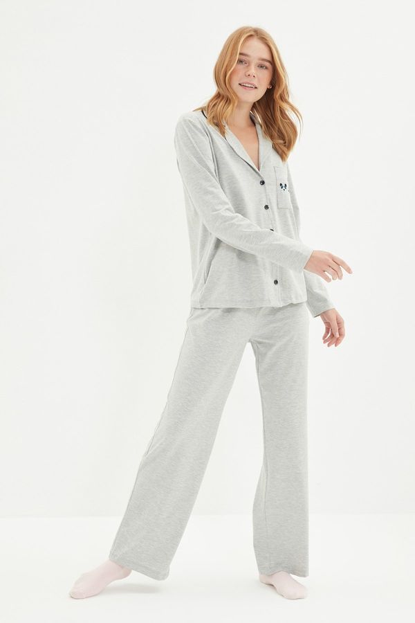 Trendyol Trendyol Gray Cotton Embroidered Knitted Pajamas Set