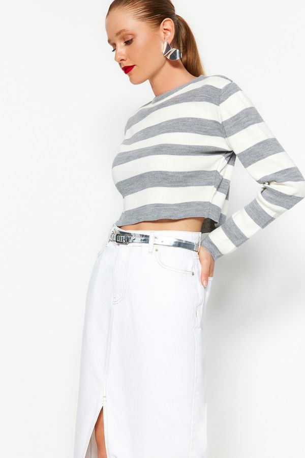 Trendyol Trendyol Gray Crop Basic Striped Knitwear Sweater