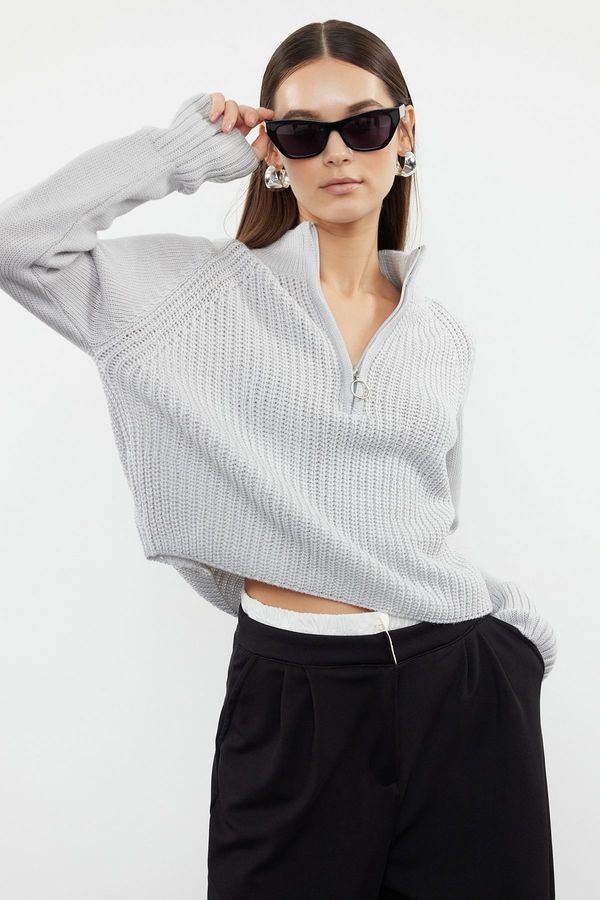 Trendyol Trendyol Gray Crop Zippered Stand Collar Basic Knitwear Sweater