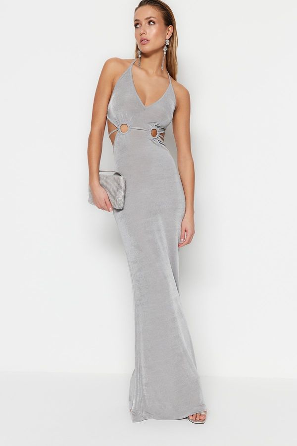 Trendyol Trendyol Gray Fitted Evening Dress With Knitting Out Detailed and Shimmering