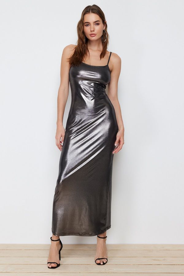 Trendyol Trendyol Gray Foil/Glossy Print Fitted Maxi Stretch Knit Dress