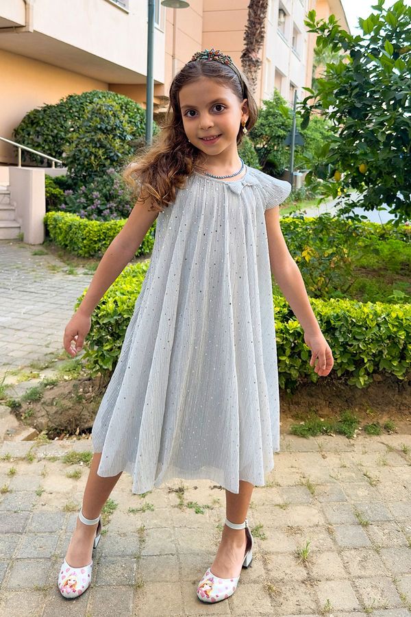 Trendyol Trendyol Gray Girl's Glittery Ribbon Woven Dress