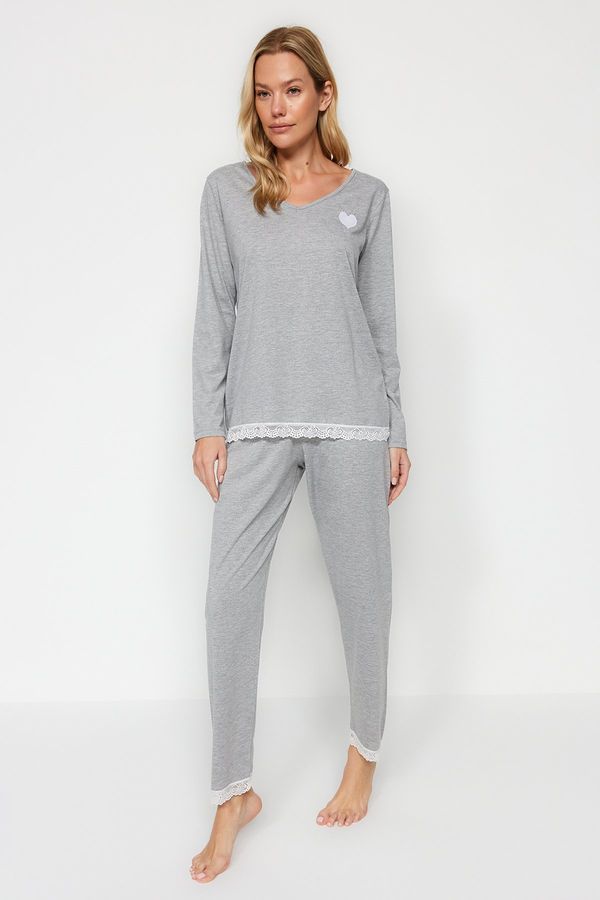 Trendyol Trendyol Gray Heart Vezeno čipka Detaljna pamučna majica-hlače pleteni pidžama set
