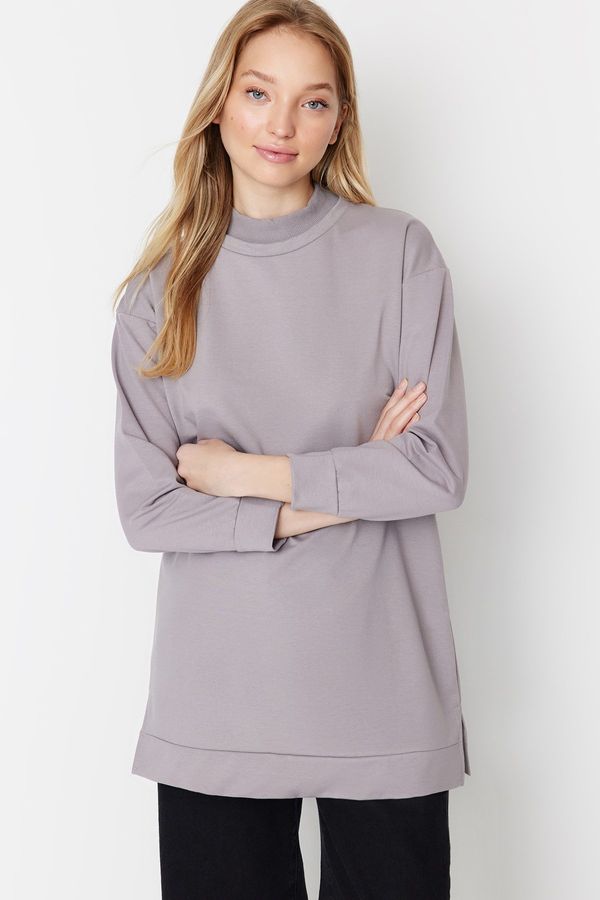 Trendyol Trendyol Gray High Collar Slit Detailed Basic Knitted Sweatshirt