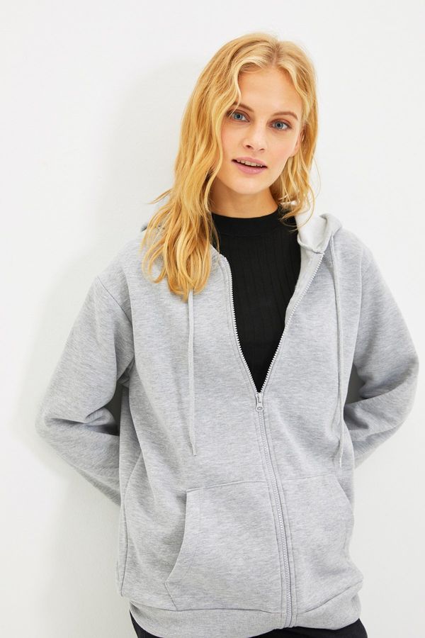 Trendyol Trendyol Gray Hooded Oversize/Wrap Zipper Thick Fleece Knitted Sweatshirt