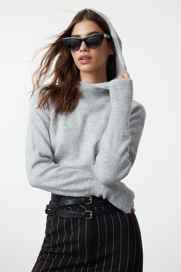 Trendyol Trendyol Gray Hooded Sleeve End Finger-Cut Knitwear Sweater