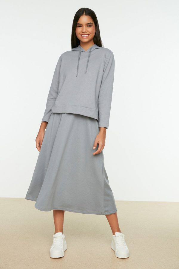 Trendyol Trendyol Gray Hooded Sweatshirt-Skirt Knitted Suit