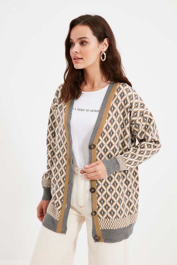 Trendyol Trendyol Gray Jacquard Button Detailed Knitwear Cardigan