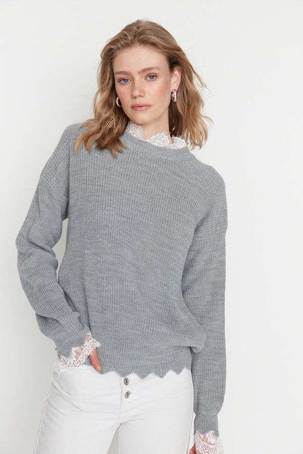 Trendyol Trendyol Gray Lace/Tulle Woven Garnished Knitwear Sweater