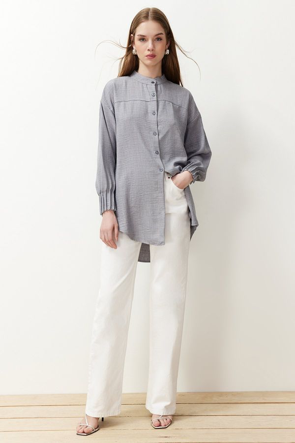 Trendyol Trendyol Gray Linen Aerobin Oversize Woven Shirt