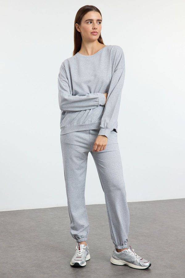 Trendyol Trendyol Gray Melange 2 Yarn Crew Neck Basic Jogger Knitted Tracksuit