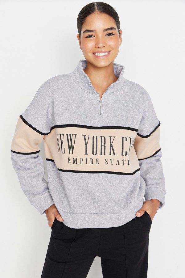 Trendyol Trendyol Gray Melange Basic Printed Knitted Sweatshirt with Fleece Inside