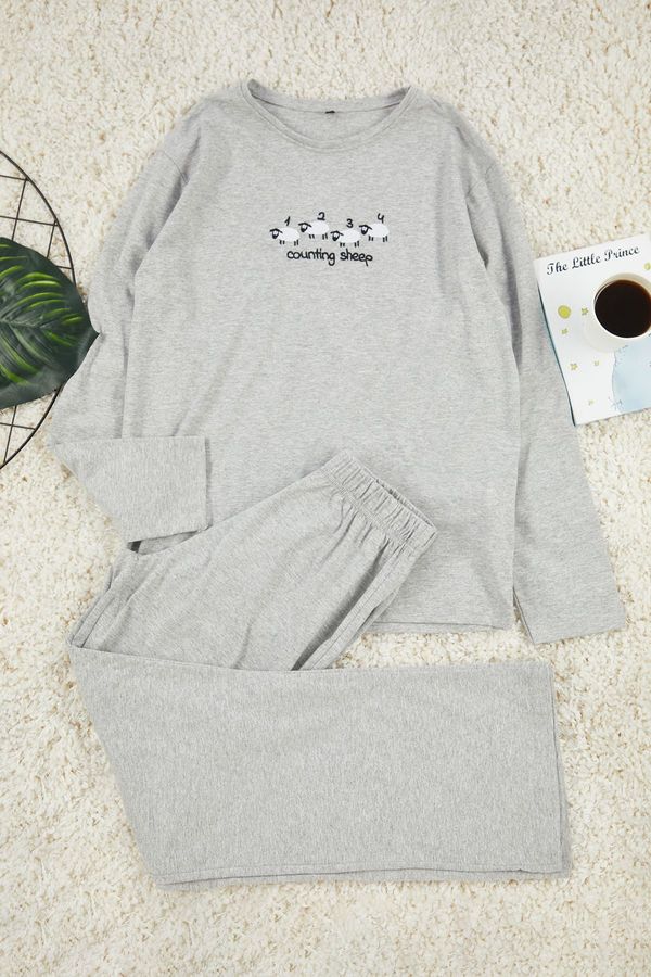 Trendyol Trendyol Gray Melange Cotton Lamb Embroidered Knitted Pajama Set