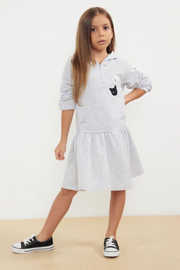 Trendyol Trendyol Gray Melange Girl Seasonal-Thin Kangaroo Pocket Hooded Cotton Knitted Dress