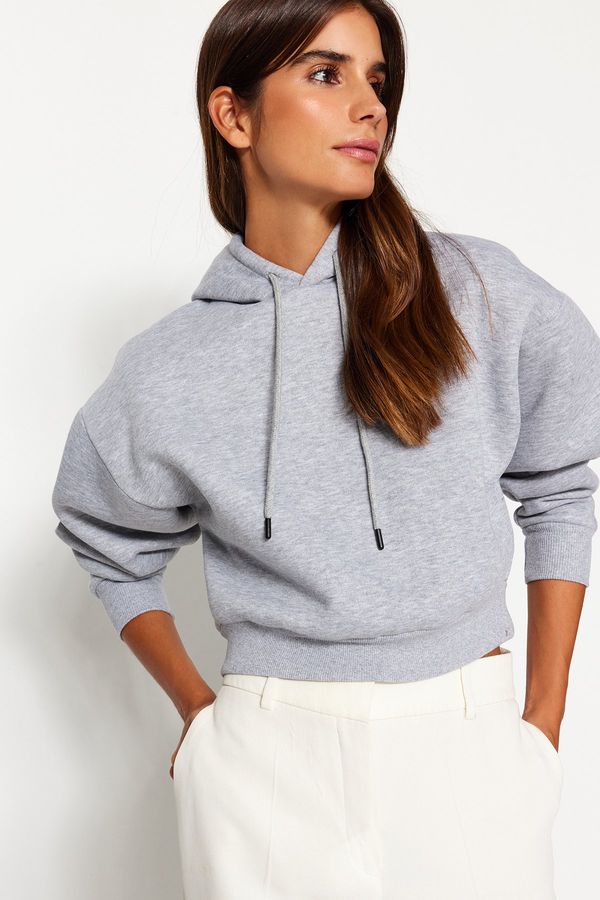 Trendyol Trendyol Gray Melange Hooded Fleece Inside Crop Basic Knitted Sweatshirt