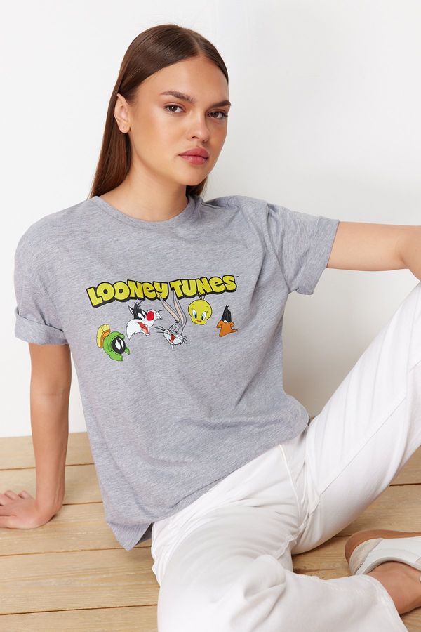 Trendyol Trendyol Gray Melange Looney Tunes Licensed Relaxed/Comfortable Cut Knitted T-Shirt