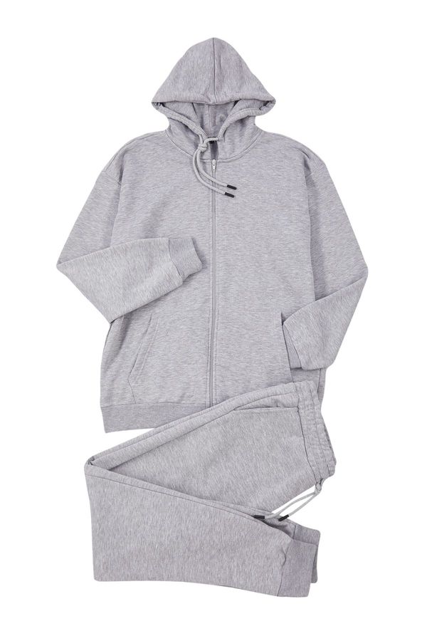 Trendyol Trendyol Gray Melange Oversize/Wide Cut Hooded Basic Tracksuit Set