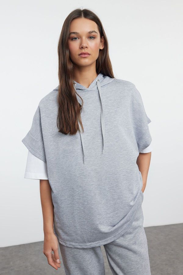 Trendyol Trendyol Gray Melange Oversize/Wide Fit Hooded Thin Knitted Sweatshirt