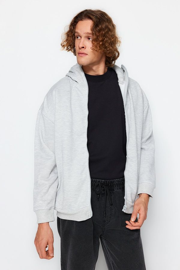 Trendyol Trendyol Gray Melange Oversize/Wide-Fit Zippered Special Collar Cotton Sweatshirt