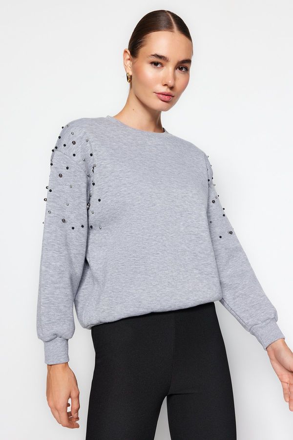 Trendyol Trendyol Gray Melange Pearl Detailed Regular Fit Low-Sleeve Knitted Sweatshirt with Fleece Inside
