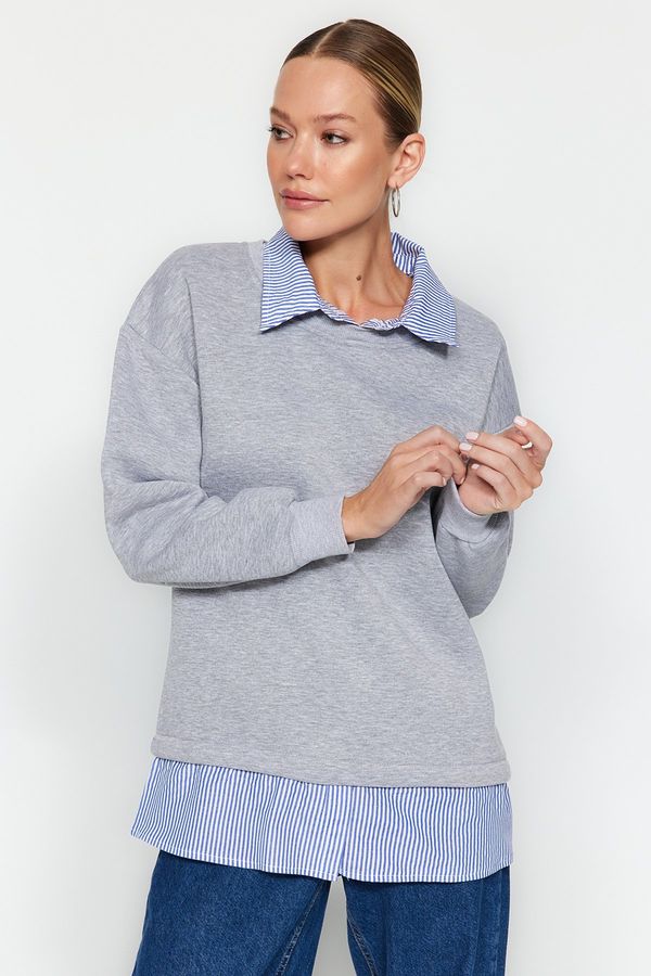 Trendyol Trendyol Gray Melange Shirt Collar Poplin Detail Fleece Inside Regular Fit Knitted Sweatshirt