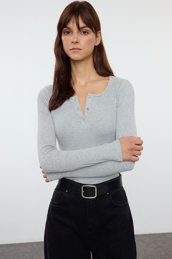 Trendyol Trendyol Gray Melange Snap Fastener Fitted/Closed Ribbed Stretchy Knitted Blouse