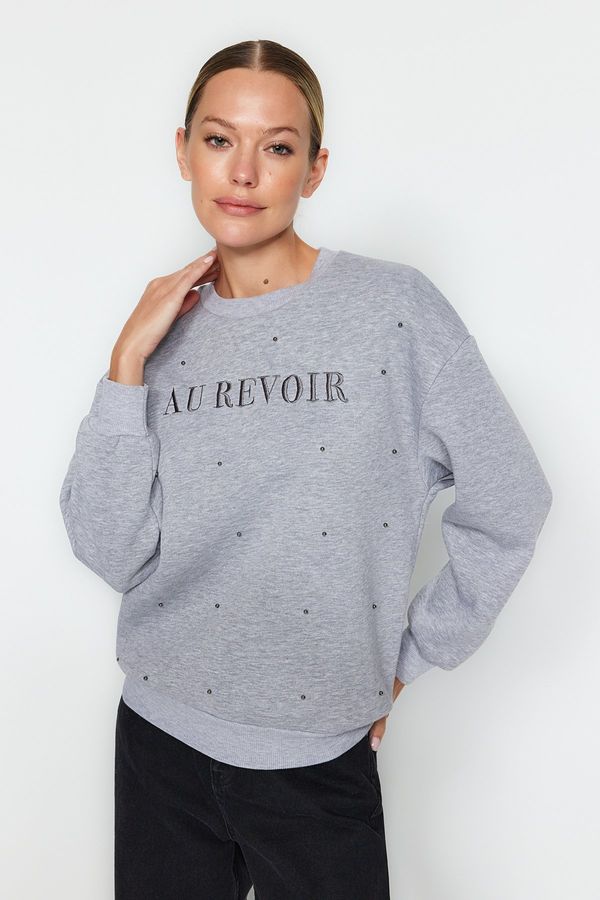 Trendyol Trendyol Gray Melange Stone and Embroidery Detail Regular Fit Fleece Inside Knitted Sweatshirt