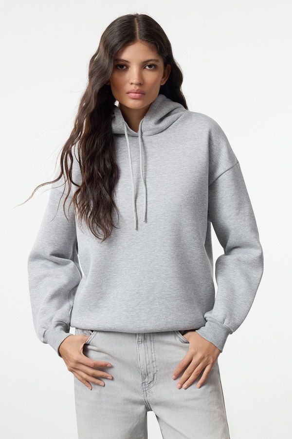 Trendyol Trendyol Gray Melange Thick Inside Fleece Back Printed Oversize/Wide Fit Knitted Sweatshirt