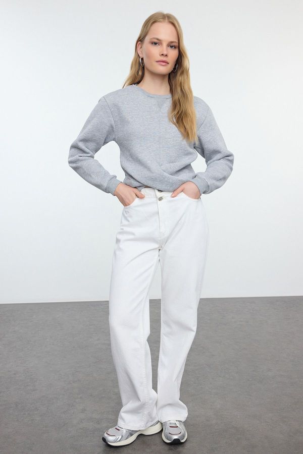 Trendyol Trendyol Gray Melange Twirl Detailed Crop Thick Inside Fleece Crew Neck Knitted Sweatshirt