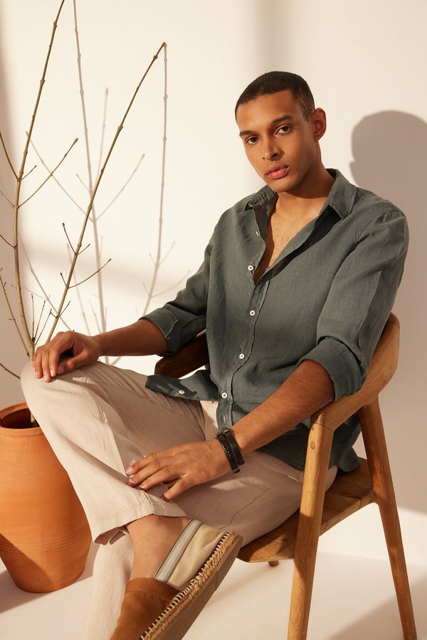 Trendyol Trendyol Gray Men's Limited Edition 100% Linen Regular Fit Shirt