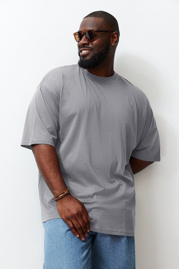 Trendyol Trendyol Gray Men's Plus Size Oversize Comfortable Basic 100% Cotton T-Shirt