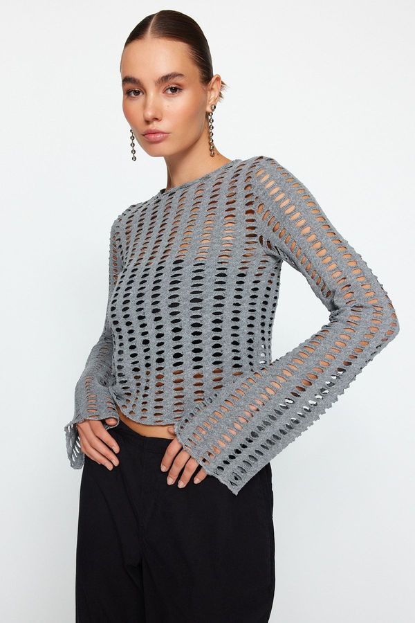 Trendyol Trendyol Gray Mesh Spanish Sleeve Slim Fit Crop Crew Neck Knitted Blouse