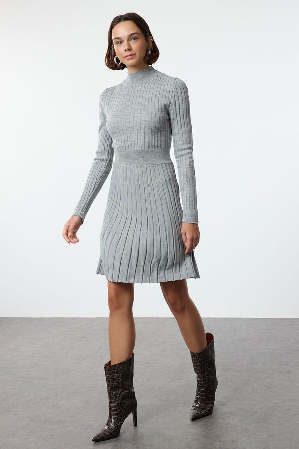 Trendyol Trendyol Gray Mini Knitwear Frilled Stand Collar Dress