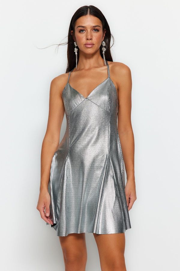 Trendyol Trendyol Gray Open Waist/Skater Knitted Shiny Elegant Evening Dress