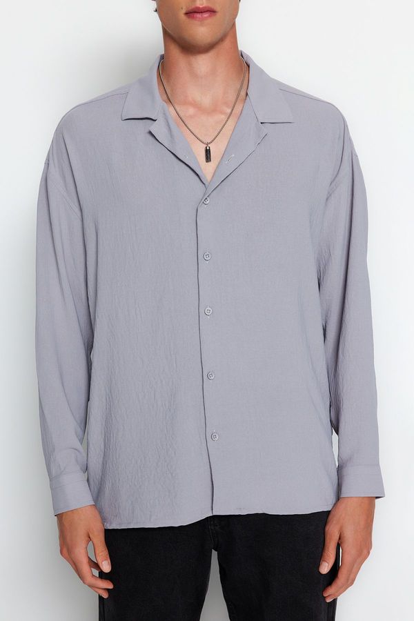 Trendyol Trendyol Gray Oversize Fit Open Collar Summer Linen Look Shirt