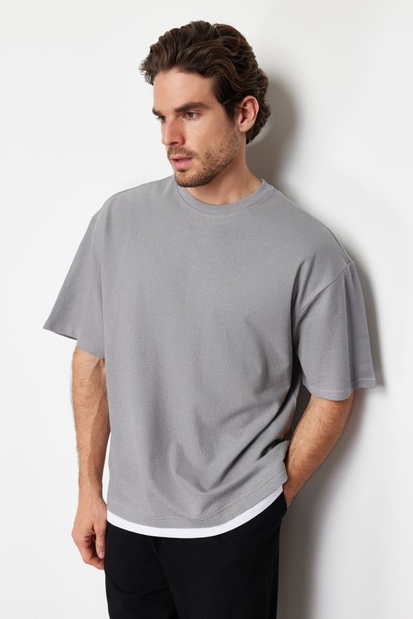 Trendyol Trendyol Gray Oversize Piece Detailed Textured 100% Cotton T-Shirt