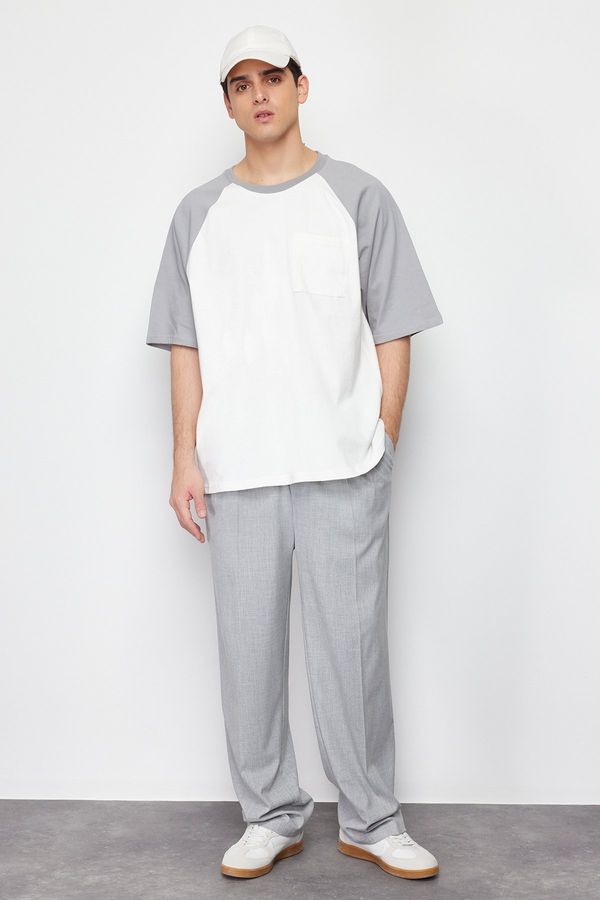 Trendyol Trendyol Gray Oversize Pocket Color Block 100% Cotton T-Shirt