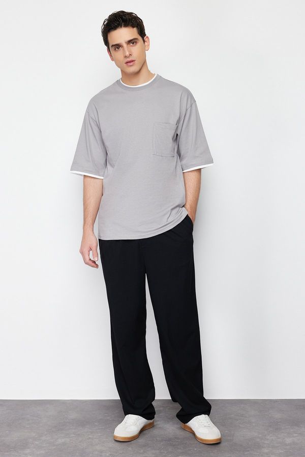 Trendyol Trendyol Gray Oversize Pocket Detailed 100% Cotton T-Shirt