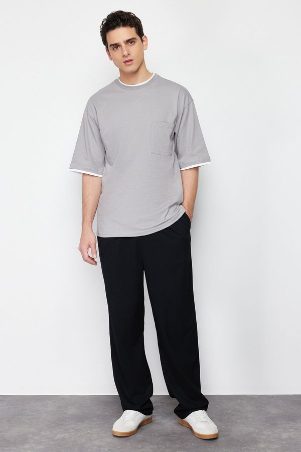 Trendyol Trendyol Gray Oversize Pocket Piece Detailed 100% Cotton T-Shirt