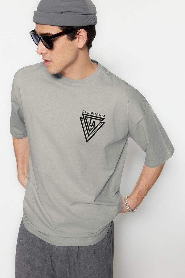 Trendyol Trendyol Gray Oversize/Wide Cut City Printed 100% Cotton Short Sleeve T-Shirt