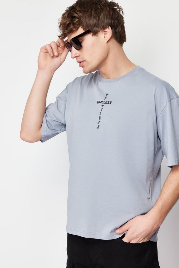 Trendyol Trendyol Gray Oversize/Wide Cut Fluffy Text Printed 100% Cotton T-shirt