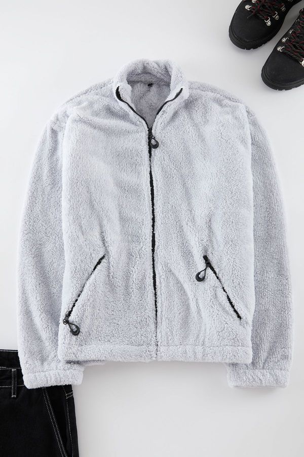 Trendyol Trendyol Gray Oversize/Wide Cut Plush Sweatshirt with Zipper Pocket