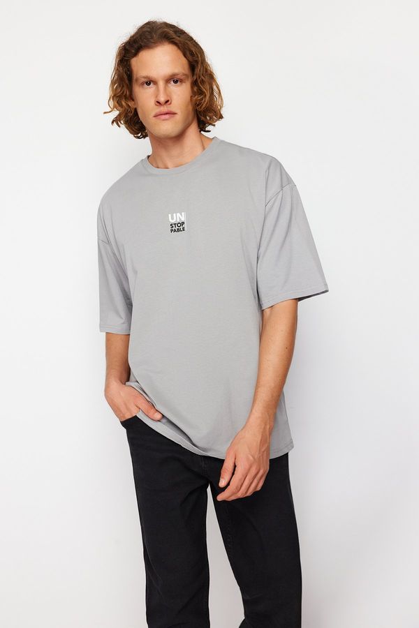 Trendyol Trendyol Gray Oversize/Wide Cut Text Printed Short Sleeve 100% Cotton T-Shirt