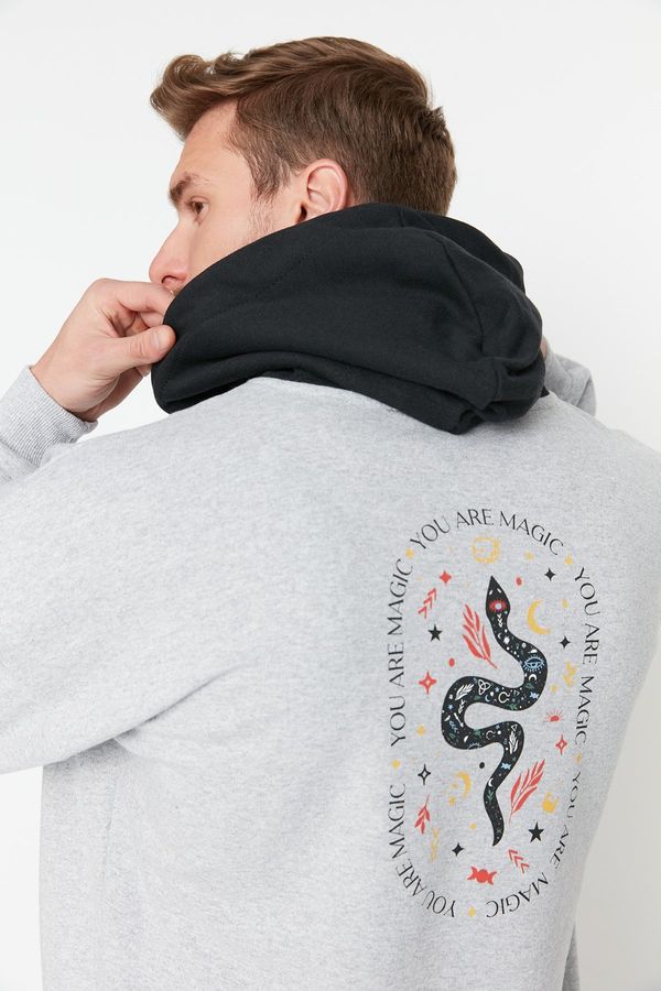 Trendyol Trendyol Gray Oversize/Wide-Fit Hooded Text Printed Fleece Inside Sweatshirt